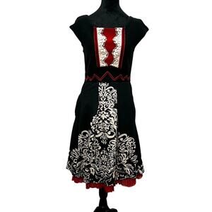 Vintage Lulu H Paris Fit Flare Dress L‎ Black Red Lace Lagenlook Minor Flaw
